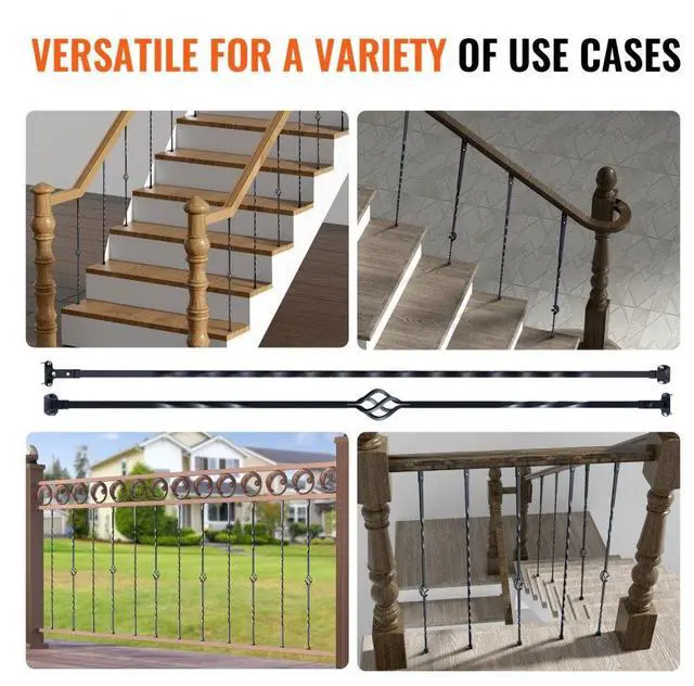 Alt view image 6 of 14 - VEVOR Staircase Metal Balusters, 44'' x 1/2" Galvanized Steel Decorative Banister Spindles, 10 Pack Deck Baluster with Hollow Single Baskets, Twists, Spiral Stair Railing w/ Shoes & Screws