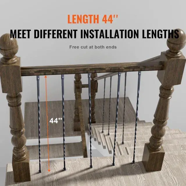 Alt view image 3 of 7 - VEVOR Staircase Metal Balusters, 44'' x 1/2" Galvanized Steel Decorative Banister Spindles, 10 Pack Deck Baluster with Hollow Twists, Satin Black Spiral Stair Railing with Shoes & Screws