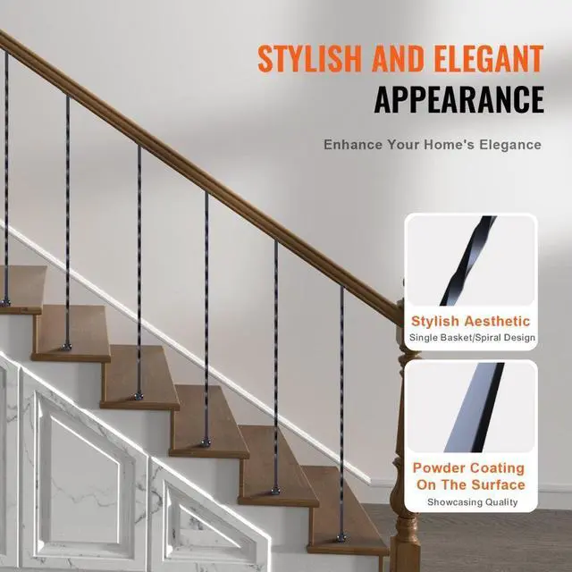 Alt view image 4 of 7 - VEVOR Staircase Metal Balusters, 44'' x 1/2" Galvanized Steel Decorative Banister Spindles, 10 Pack Deck Baluster with Hollow Twists, Satin Black Spiral Stair Railing with Shoes & Screws