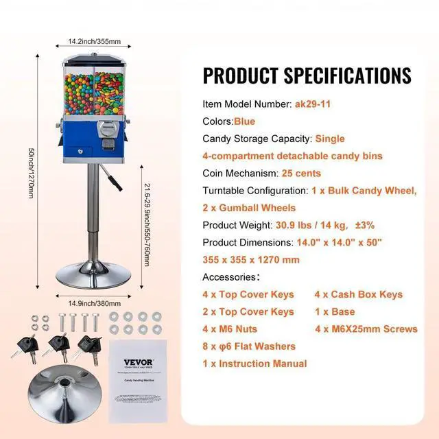 Alt view image 7 of 14 - VEVOR Gumball Machine with Stand Vending Coin Bank Vintage Candy Dispenser Bule