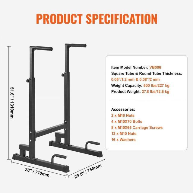 Alt view image 7 of 7 - VEVOR Dip Bar, 500 lbs Capacity, Heave Duty Dip Stand Station with Adjustable Height, Fitness Workout Dip Bar Station Stabilizer Parallette Push Up Stand, Parallel Bars for Strength Training Home Gym