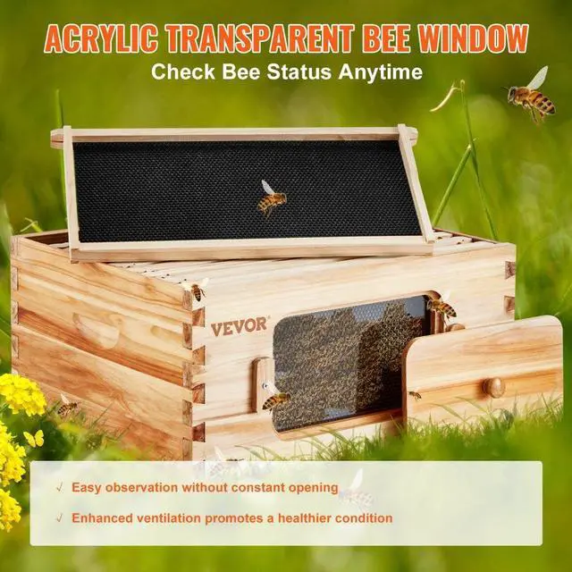 Alt view image 3 of 14 - VEVOR Bee Hive Deep Box Starter Kit, 100% Beeswax Coated Natural Cedar Wood, Langstroth Beehive Kit with 10 Frames and Foundations, Transparent Acrylic Bee Windows for Beginners and Pro Beekeepers