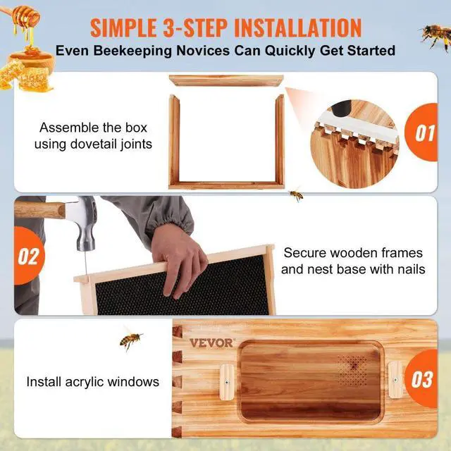 Alt view image 5 of 14 - VEVOR Bee Hive Deep Box Starter Kit, 100% Beeswax Coated Natural Cedar Wood, Langstroth Beehive Kit with 10 Frames and Foundations, Transparent Acrylic Bee Windows for Beginners and Pro Beekeepers