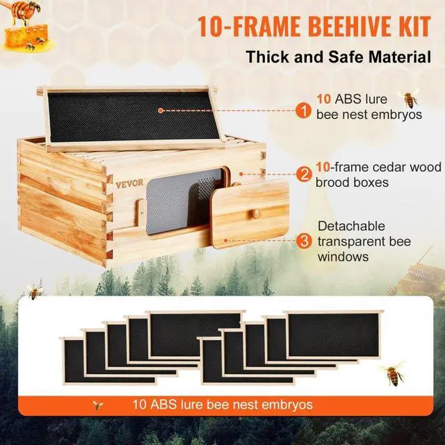 Alt view image 6 of 14 - VEVOR Bee Hive Deep Box Starter Kit, 100% Beeswax Coated Natural Cedar Wood, Langstroth Beehive Kit with 10 Frames and Foundations, Transparent Acrylic Bee Windows for Beginners and Pro Beekeepers