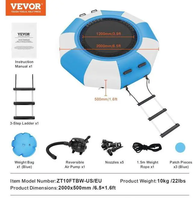 Alt view image 7 of 7 - VEVOR Inflatable Water Bouncer, 6.5ft Recreational Water Trampoline, Portable Bounce Swim Platform with 3-Step Ladder & Electric Air Pump, Kids Adults Floating Rebounder for Pool, Lake, Water Sports
