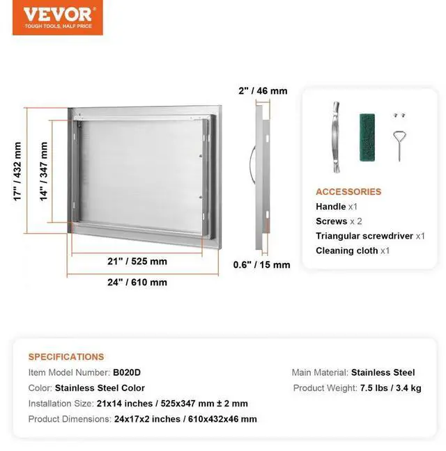 Alt view image 7 of 7 - VEVOR BBQ Access Door, 24W x 17H Inch Single Outdoor Kitchen Door, Stainless Steel Flush Mount Door, Wall Vertical Door with Handle, for BBQ Island, Grilling Station, Outside Cabinet