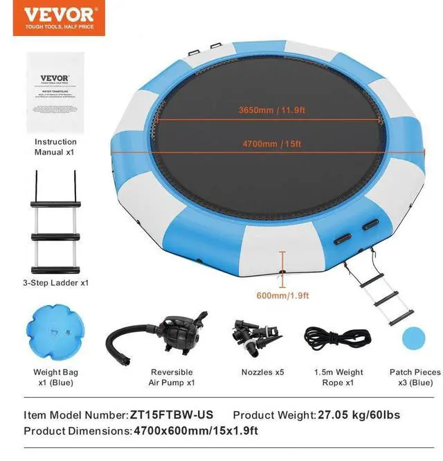 Alt view image 7 of 7 - VEVOR Inflatable Water Bouncer, 15ft Recreational Water Trampoline, Portable Bounce Swim Platform with 3-Step Ladder & Electric Air Pump, Kids Adults Floating Rebounder for Pool, Lake, Water Sports
