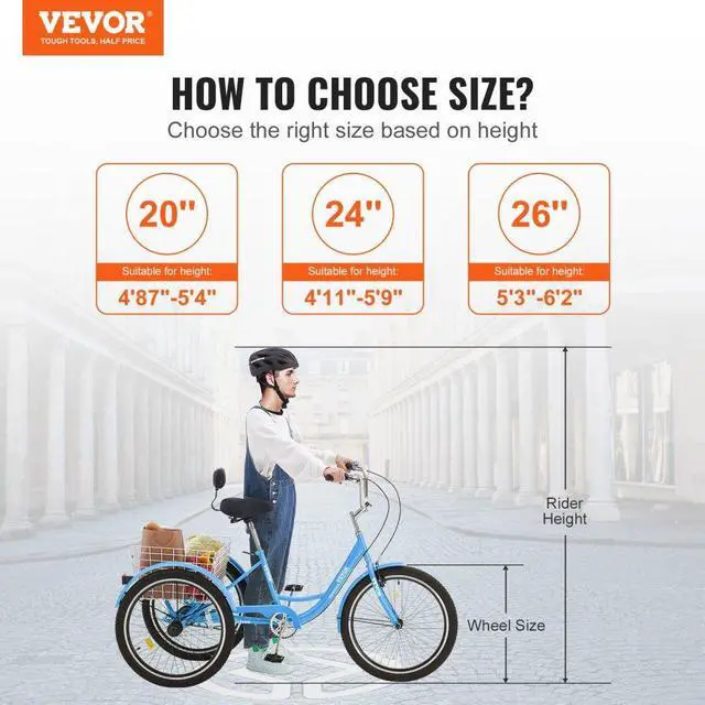 Alt view image 2 of 7 - VEVOR  Adult Tricycles Bike, 24 Inch Three-Wheeled Bicycles, 3 Wheel Bikes Trikes, Carbon Steel Cruiser Bike with Basket & Adjustable Seat, Picnic Shopping Tricycles for Seniors, Women, Men (Blue)