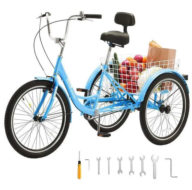 Main image of VEVOR  Adult Tricycles Bike, 24 Inch Three-Wheeled Bicycles, 3 Wheel Bikes Trikes, Carbon Steel Cruiser Bike with Basket & Adjustable Seat, Picnic Shopping Tricycles for Seniors, Women, Men (Blue)