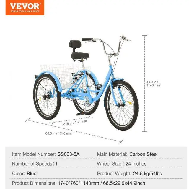 Alt view image 7 of 7 - VEVOR  Adult Tricycles Bike, 24 Inch Three-Wheeled Bicycles, 3 Wheel Bikes Trikes, Carbon Steel Cruiser Bike with Basket & Adjustable Seat, Picnic Shopping Tricycles for Seniors, Women, Men (Blue)