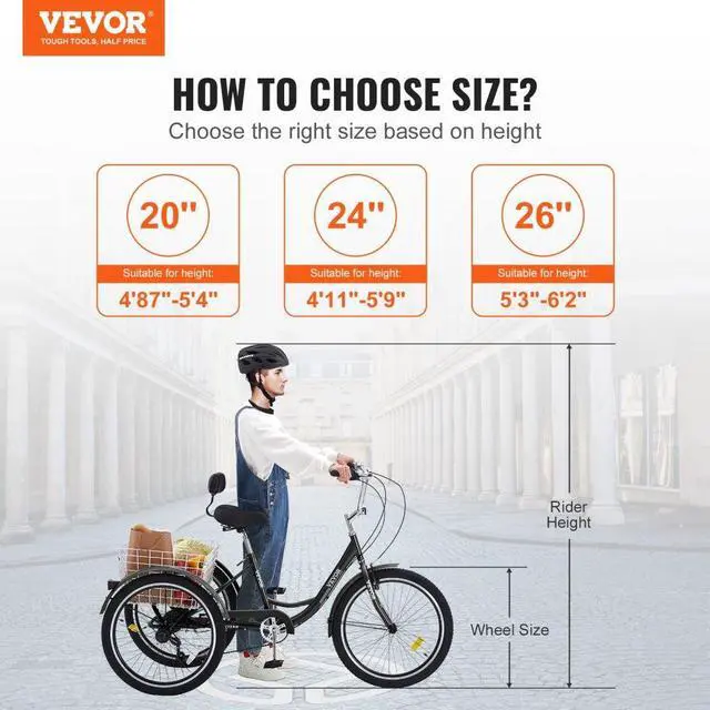 Alt view image 2 of 7 - VEVOR Adult Tricycles Bike, 7 Speed Adult Trikes, 24 Inch Three-Wheeled Bicycles, Carbon Steel Cruiser Bike with Basket and Adjustable Seat, Picnic Shopping Tricycles for Seniors, Women, Men  (Black)