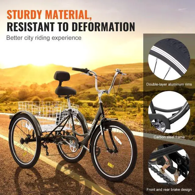 Alt view image 4 of 7 - VEVOR Adult Tricycles Bike, 7 Speed Adult Trikes, 24 Inch Three-Wheeled Bicycles, Carbon Steel Cruiser Bike with Basket and Adjustable Seat, Picnic Shopping Tricycles for Seniors, Women, Men  (Black)