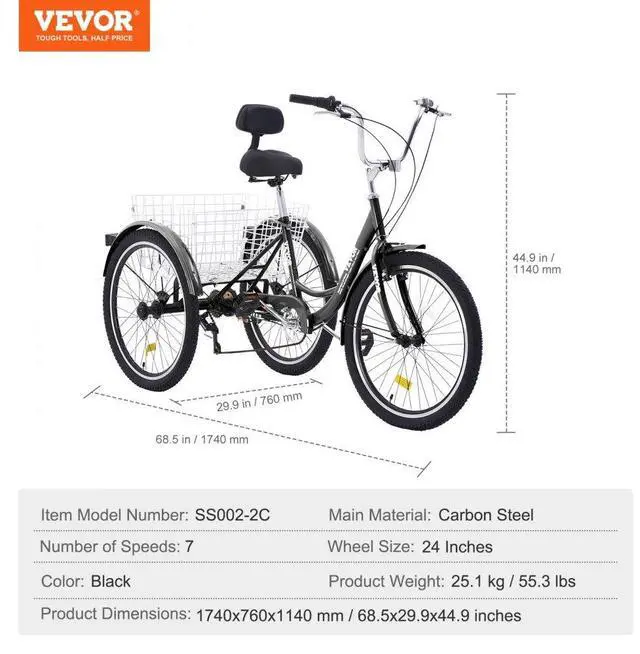 Alt view image 7 of 7 - VEVOR Adult Tricycles Bike, 7 Speed Adult Trikes, 24 Inch Three-Wheeled Bicycles, Carbon Steel Cruiser Bike with Basket and Adjustable Seat, Picnic Shopping Tricycles for Seniors, Women, Men  (Black)