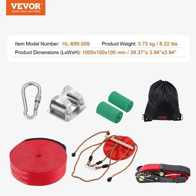 Alt view image 8 of 8 - VEVOR Zipline Kit for Kids and Adult  65 ft Zip Line Kits Up to 500 lb  Backyard Outdoor Quick Setup Zipline  Playground Entertainment with Zipline  Nylon Safety Harness  Seat  and Handlebar