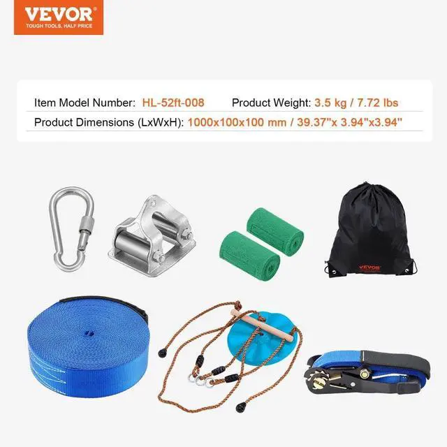 Alt view image 8 of 15 - VEVOR Zipline Kit for Kids and Adult, 52 ft Zip Line Kits Up to 500 lb, Backyard Outdoor Quick Setup Zipline, Playground Entertainment with Zipline, Nylon Safety Harness, Seat, and Handlebar