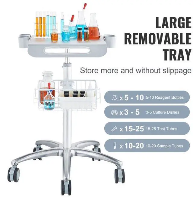 Alt view image 5 of 14 - VEVOR Medical Cart, Salon Cart with Wheels, Mobile Trolley Cart 26.77"-42.91" Height Adjustable, Metal Salon Stations for Hair Stylist, Rolling Desktop Lab Cart for Clinic, Beauty and Salon