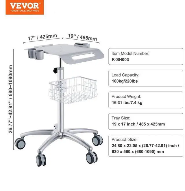 Alt view image 7 of 14 - VEVOR Medical Cart, Salon Cart with Wheels, Mobile Trolley Cart 26.77"-42.91" Height Adjustable, Metal Salon Stations for Hair Stylist, Rolling Desktop Lab Cart for Clinic, Beauty and Salon
