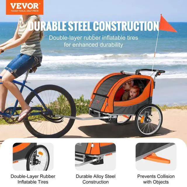 Alt view image 2 of 7 - VEVOR Bike Trailer for Toddlers, Kids, Double Seat, 100 lbs Load, 2-In-1 Canopy Carrier Converts to Stroller, Tow Behind Foldable Child Bicycle Trailer with Universal Bicycle Coupler, Orange and Gray
