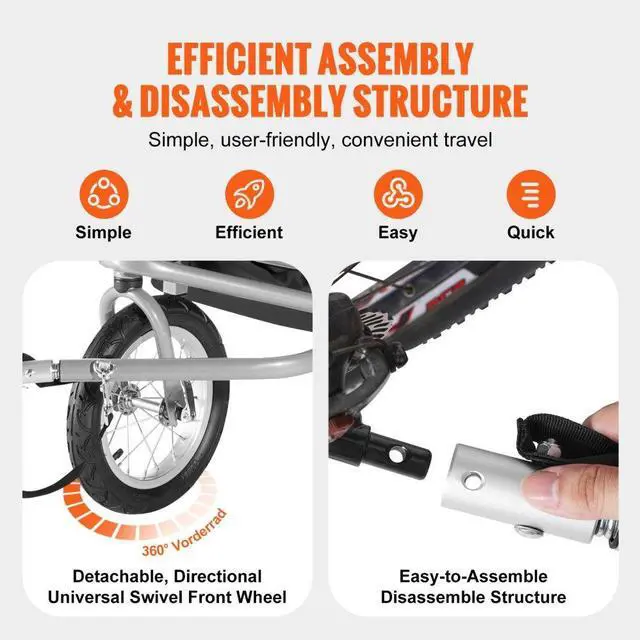 Alt view image 5 of 7 - VEVOR Bike Trailer for Toddlers, Kids, Double Seat, 100 lbs Load, 2-In-1 Canopy Carrier Converts to Stroller, Tow Behind Foldable Child Bicycle Trailer with Universal Bicycle Coupler, Orange and Gray