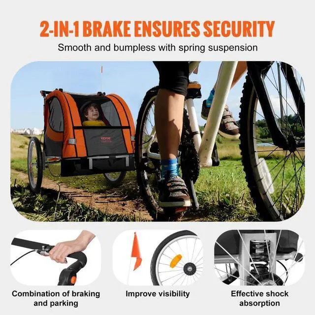 Alt view image 3 of 7 - VEVOR Bike Trailer for Toddlers, Kids, Double Seat, 100 lbs Load, 2-In-1 Canopy Carrier Converts to Stroller, Tow Behind Foldable Child Bicycle Trailer with Universal Bicycle Coupler, Orange and Gray