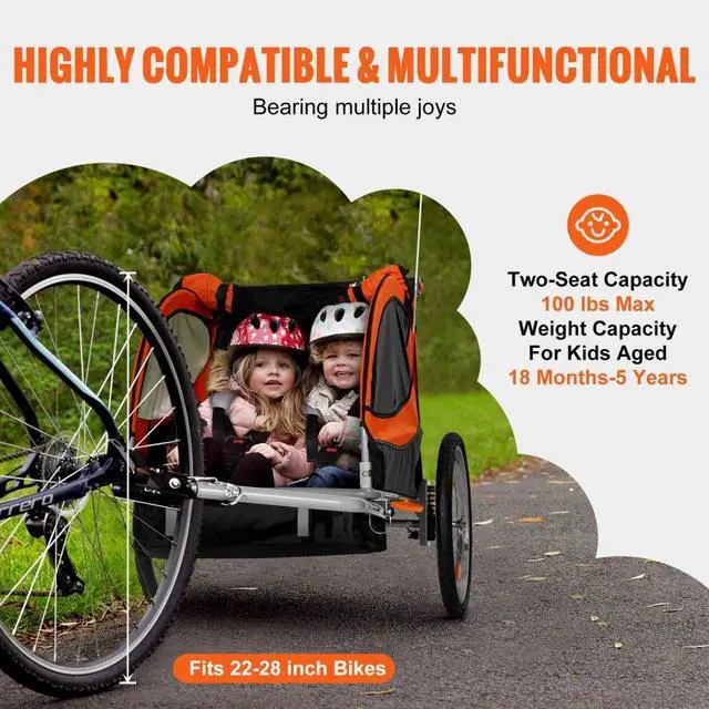 Alt view image 4 of 7 - VEVOR Bike Trailer for Toddlers, Kids, Double Seat, 100 lbs Load, 2-In-1 Canopy Carrier Converts to Stroller, Tow Behind Foldable Child Bicycle Trailer with Universal Bicycle Coupler, Orange and Gray
