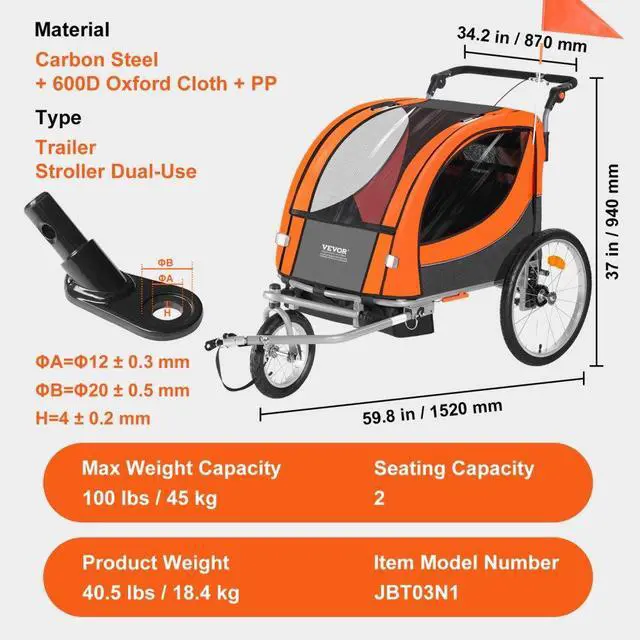 Alt view image 7 of 7 - VEVOR Bike Trailer for Toddlers, Kids, Double Seat, 100 lbs Load, 2-In-1 Canopy Carrier Converts to Stroller, Tow Behind Foldable Child Bicycle Trailer with Universal Bicycle Coupler, Orange and Gray