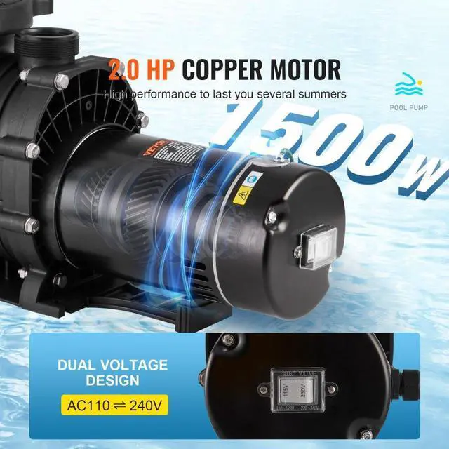 Alt view image 3 of 7 - VEVOR Above Ground Pool Pump, 2 HP, 110 GPM Max Flow Single Speed Swimming Pool Pump, 110V/240V 3450 RPM 59 ft Max Head Pool Pump with Filter Basket, for Above Ground Pools Hot Tubs Spas