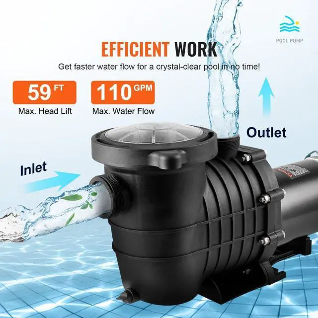 Alt view image 5 of 7 - VEVOR Above Ground Pool Pump, 2 HP, 110 GPM Max Flow Single Speed Swimming Pool Pump, 110V/240V 3450 RPM 59 ft Max Head Pool Pump with Filter Basket, for Above Ground Pools Hot Tubs Spas