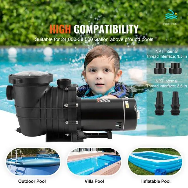 Alt view image 4 of 7 - VEVOR Above Ground Pool Pump, 2 HP, 110 GPM Max Flow Single Speed Swimming Pool Pump, 110V/240V 3450 RPM 59 ft Max Head Pool Pump with Filter Basket, for Above Ground Pools Hot Tubs Spas