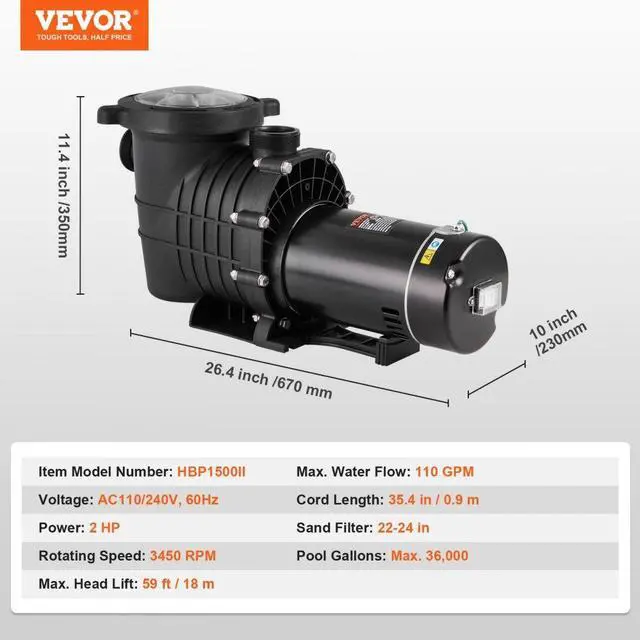 Alt view image 7 of 7 - VEVOR Above Ground Pool Pump, 2 HP, 110 GPM Max Flow Single Speed Swimming Pool Pump, 110V/240V 3450 RPM 59 ft Max Head Pool Pump with Filter Basket, for Above Ground Pools Hot Tubs Spas