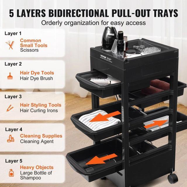 Alt view image 15 of 19 - VEVOR Beauty Salon Trolley Cart, Plastic Salon Rolling Cart for Stylist with 5 Removable Drawers & Dryer Holder, Rolling Hairdressing Cart with 4 Wheels (2 Lockable) for Beauty SPA Barbershop