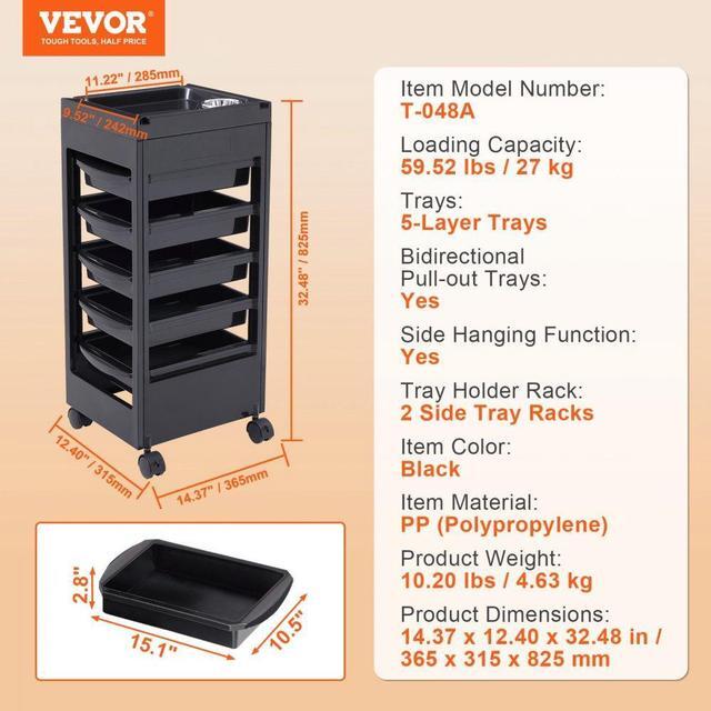 Alt view image 19 of 19 - VEVOR Beauty Salon Trolley Cart, Plastic Salon Rolling Cart for Stylist with 5 Removable Drawers & Dryer Holder, Rolling Hairdressing Cart with 4 Wheels (2 Lockable) for Beauty SPA Barbershop