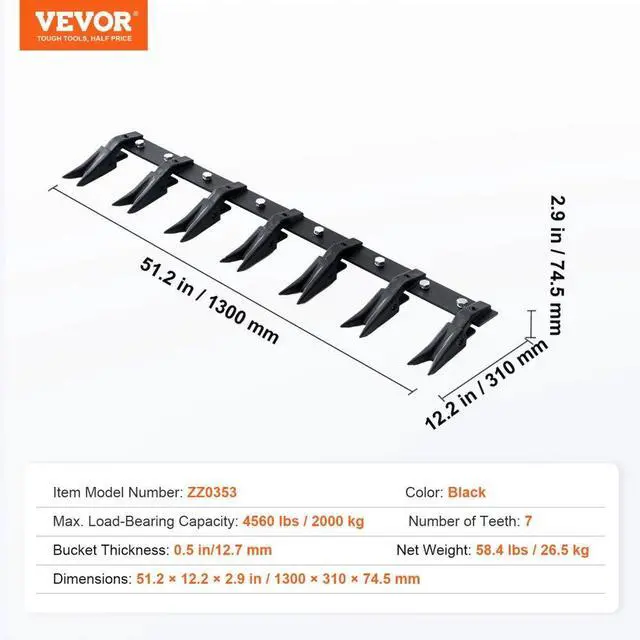 Alt view image 7 of 7 - VEVOR Bucket Tooth Bar, 53'', Heavy Duty Tractor Bucket Teeth Bar for Sub-Compact Tractor Loader, 4560 lbs Load-Bearing Capacity, Fits Bucket Cutting Edges Sized 1/2" or Less with No Drilling Required