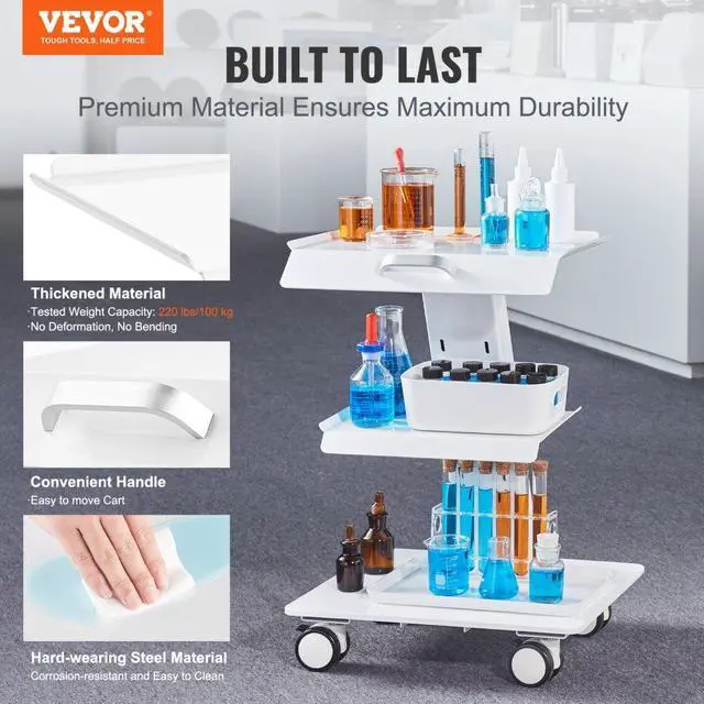 Alt view image 2 of 7 - VEVOR Lab Trolley, 3-Layer Rolling Lab Cart, Metal Mobile Trolley with Swivel Wheels, Tray Rolling Clinic Cart 220 lbs Weight Capacity, for Lab, Clinic, Beauty and Salon
