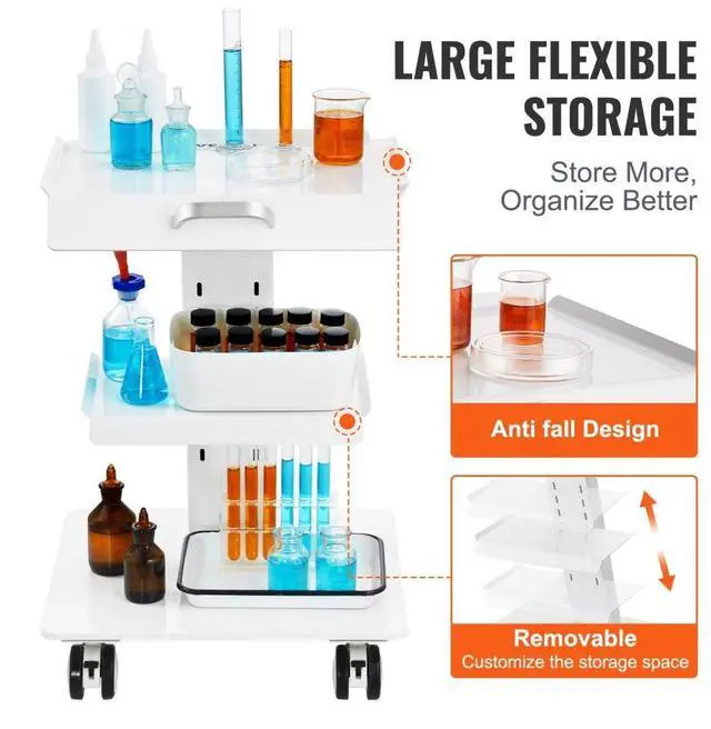 Alt view image 5 of 7 - VEVOR Lab Trolley, 3-Layer Rolling Lab Cart, Metal Mobile Trolley with Swivel Wheels, Tray Rolling Clinic Cart 220 lbs Weight Capacity, for Lab, Clinic, Beauty and Salon