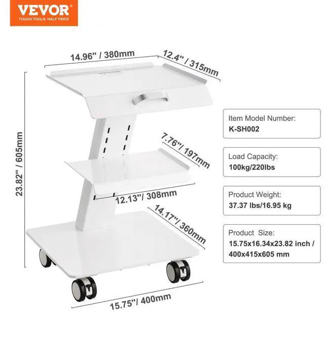 Alt view image 7 of 7 - VEVOR Lab Trolley, 3-Layer Rolling Lab Cart, Metal Mobile Trolley with Swivel Wheels, Tray Rolling Clinic Cart 220 lbs Weight Capacity, for Lab, Clinic, Beauty and Salon