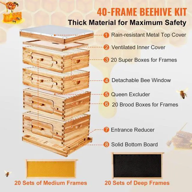 Alt view image 6 of 7 - VEVOR Bee Hive 40 Frame Bee Hives Starter Kit, Beeswax Coated Cedar Wood, 2 Deep + 2 Medium Bee Boxes Langstroth Beehive Kit, Transparent Acrylic Windows with Foundations for Beginners Pro Beekeepers