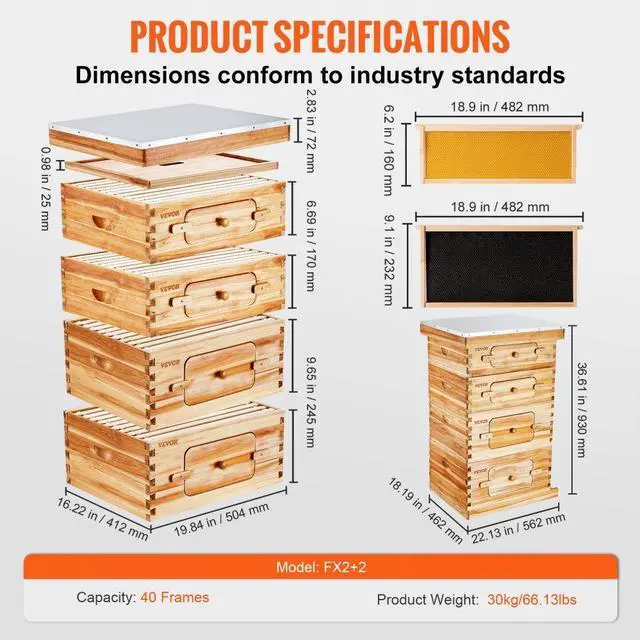 Alt view image 7 of 7 - VEVOR Bee Hive 40 Frame Bee Hives Starter Kit, Beeswax Coated Cedar Wood, 2 Deep + 2 Medium Bee Boxes Langstroth Beehive Kit, Transparent Acrylic Windows with Foundations for Beginners Pro Beekeepers