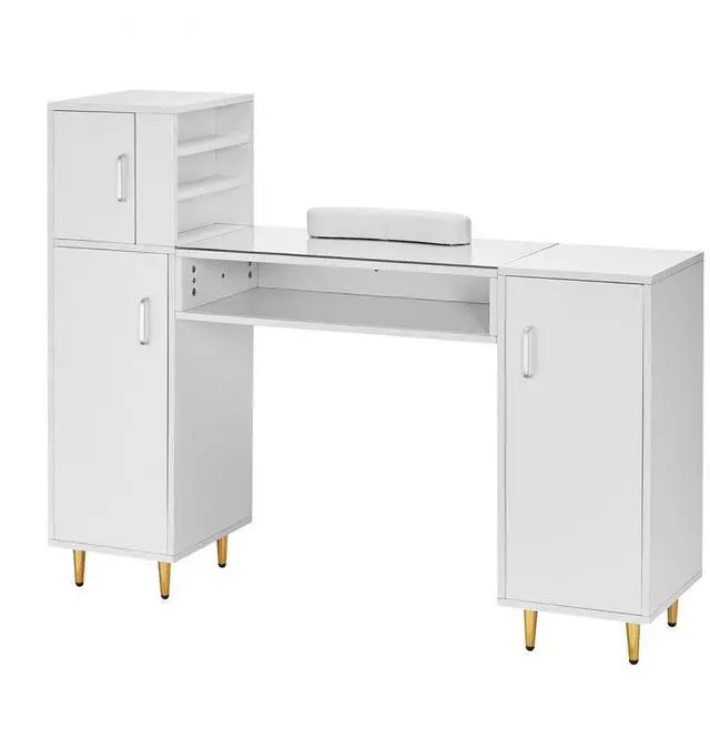 Main image of VEVOR Manicure Table, Glass Top Nail Desk, Makeup Dressing Nail Station with Storage Cabinets, Acetone-Resistant Nail Tech Table for Beauty Salon Spa Workstation with 8 Metal Legs, Wrist Rest, White