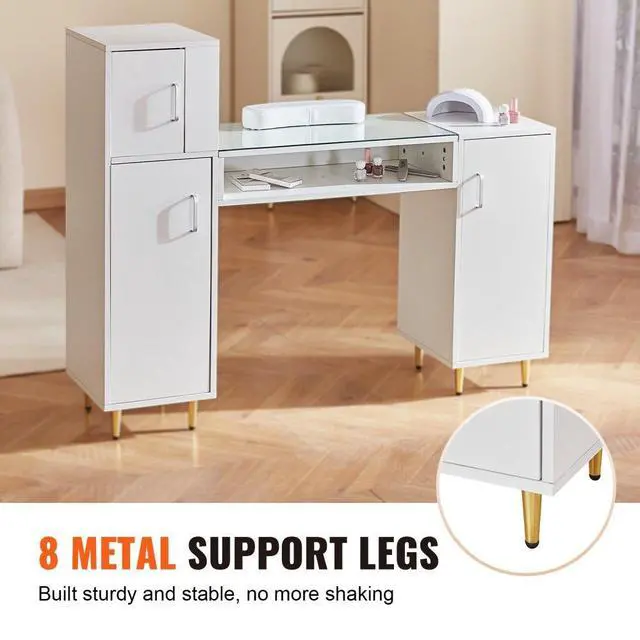 Alt view image 4 of 7 - VEVOR Manicure Table, Glass Top Nail Desk, Makeup Dressing Nail Station with Storage Cabinets, Acetone-Resistant Nail Tech Table for Beauty Salon Spa Workstation with 8 Metal Legs, Wrist Rest, White