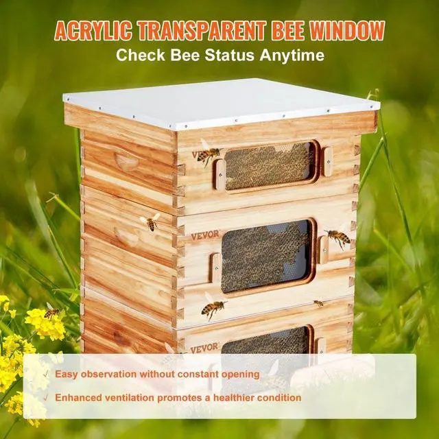 Alt view image 3 of 7 - VEVOR Bee Hive 30 Frame Bee Hives Starter Kit, Beeswax Coated Fir Wood, 2 Deep + 1 Medium Bee Boxes Langstroth Beehive Kit, Transparent Acrylic Windows with Foundations for Beginners Pro Beekeepers