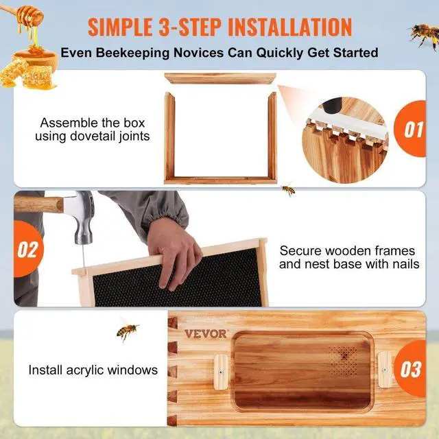 Alt view image 5 of 7 - VEVOR Bee Hive 30 Frame Bee Hives Starter Kit, Beeswax Coated Fir Wood, 2 Deep + 1 Medium Bee Boxes Langstroth Beehive Kit, Transparent Acrylic Windows with Foundations for Beginners Pro Beekeepers