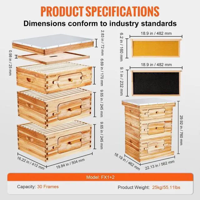 Alt view image 7 of 7 - VEVOR Bee Hive 30 Frame Bee Hives Starter Kit, Beeswax Coated Fir Wood, 2 Deep + 1 Medium Bee Boxes Langstroth Beehive Kit, Transparent Acrylic Windows with Foundations for Beginners Pro Beekeepers