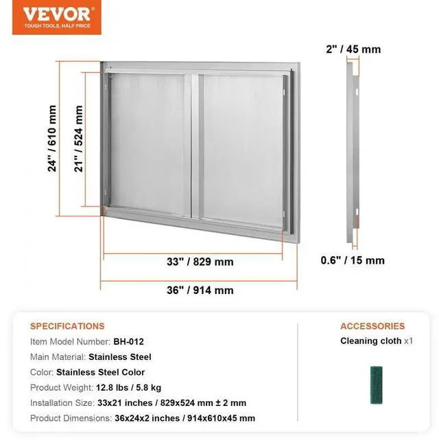 Alt view image 7 of 7 - VEVOR BBQ Access Door, 36W x 24H Inch Double Outdoor Kitchen Door, Stainless Steel Flush Mount Door, Wall Vertical Door with Recessed Handles , for BBQ Island, Grilling Station, Outside Cabinet
