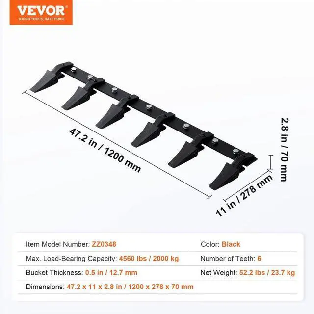 Alt view image 7 of 7 - VEVOR Bucket Tooth Bar, 48'', Heavy Duty Tractor Bucket 6 Teeth Bar for Loader Tractor Skidsteer, 4560 lbs Load-Bearing Capacity Bolt On Design, for Efficient Soil Excavation and Bucket Protection