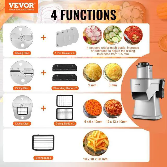 Alt view image 2 of 7 - VEVOR Electric Vegetable Slicer, 4 in 1 Multifunctional Food Cutter, 200W Vegetable Chopper for Slicing Shredding Dicing and Slitting, with Cut-Resistant Gloves, for Commercial and Home Use