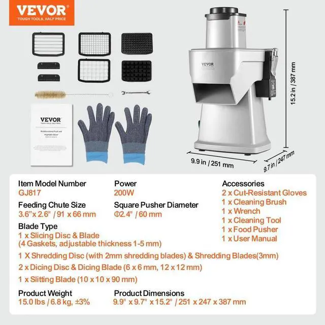 Alt view image 7 of 7 - VEVOR Electric Vegetable Slicer, 4 in 1 Multifunctional Food Cutter, 200W Vegetable Chopper for Slicing Shredding Dicing and Slitting, with Cut-Resistant Gloves, for Commercial and Home Use