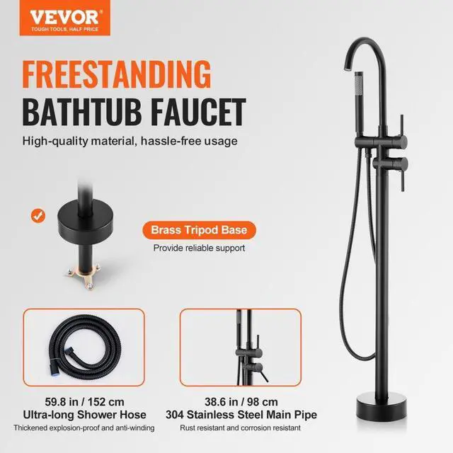 Alt view image 2 of 7 - VEVOR Freestanding Bathtub Faucet, Floor Mount, Freestanding Tub Filler, Shower Mixer Taps, Two Water Modes, 360° Swivel Spout, for Bathing & Showering Pet Bathing Cleaning Drains Toilet Flushing