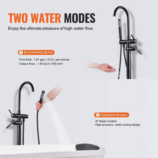 Alt view image 4 of 7 - VEVOR Freestanding Bathtub Faucet, Floor Mount, Freestanding Tub Filler, Shower Mixer Taps, Two Water Modes, 360° Swivel Spout, for Bathing & Showering Pet Bathing Cleaning Drains Toilet Flushing