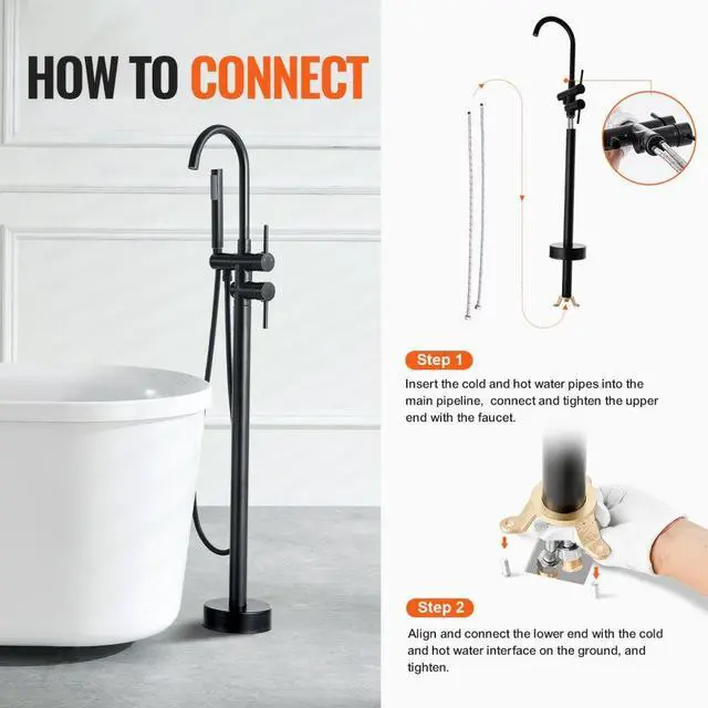 Alt view image 6 of 7 - VEVOR Freestanding Bathtub Faucet, Floor Mount, Freestanding Tub Filler, Shower Mixer Taps, Two Water Modes, 360° Swivel Spout, for Bathing & Showering Pet Bathing Cleaning Drains Toilet Flushing